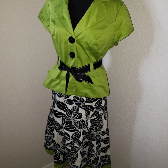 Womens Lime Green/Black n White Leaves Skirt Set - Picture 2 of 8